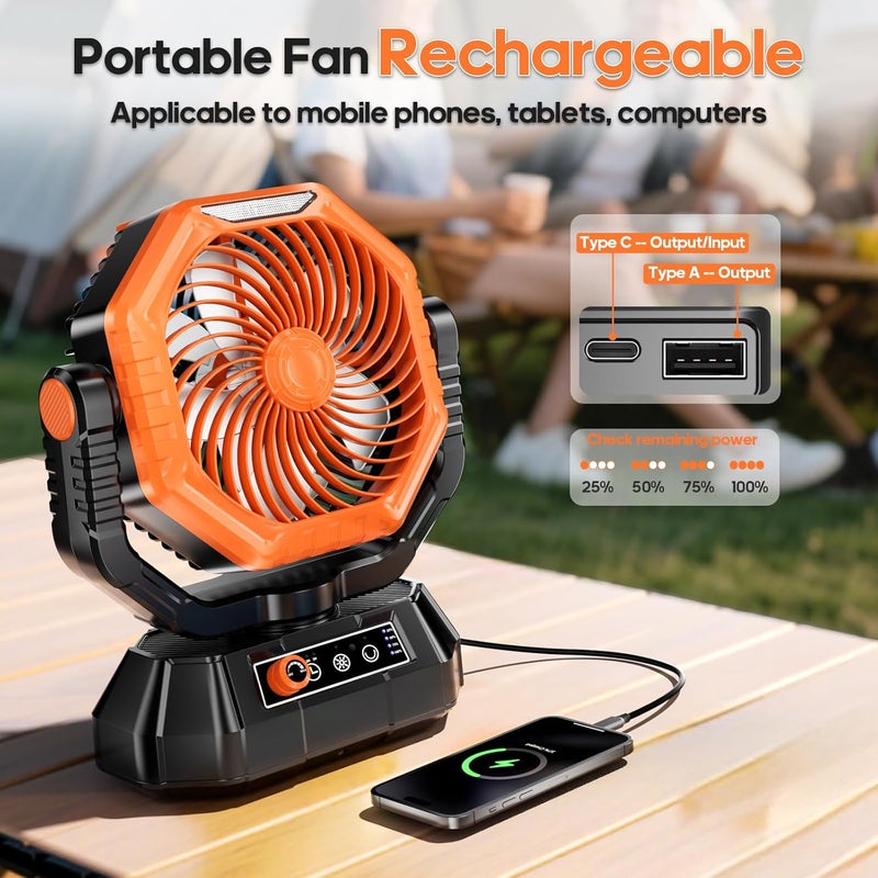 AJVV Camping Fan Rechargeable, Battery Powered Fan With Remote Controller, LED Light, Dual Motors, Stepless Speed, 45°/90°/270° Swing,Timer, Portable fan For Travel Tent Bedroom Beach Fishing, Orange - Image 3